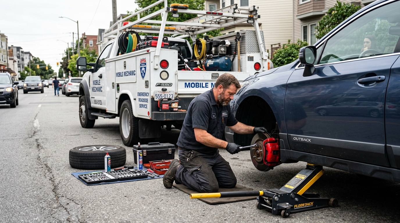 Mobile mechanic truck and technician working on car brakes